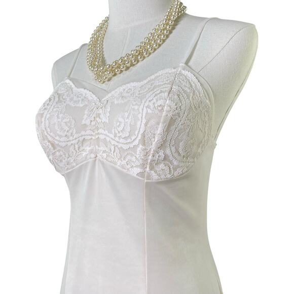 Vintage 60s Perlon Creamy White Nylon Lacy Retro Pinup Full Slip Dress Size S/M - Picture 7 of 15